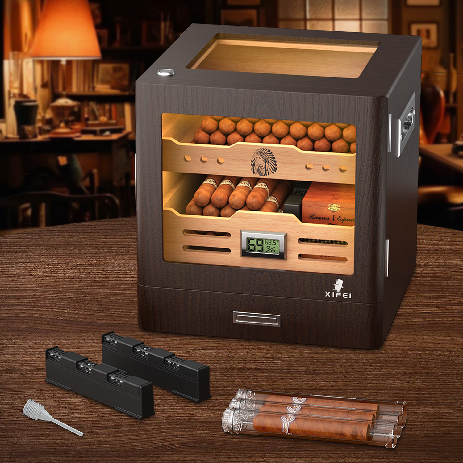 Home Fragrance Maple Walnut - Cigar Humidor Cabinet,LED Lighting,Digital Hygrometer,2 Humidifiers,Cigar